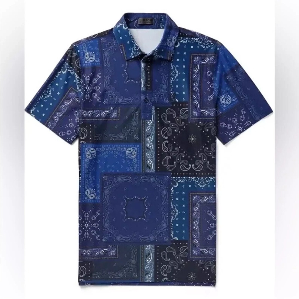 G/FORE Bandana Tech Pique Slim Fit Golf Polo  L Twilight Navy Blue Golf Paisley